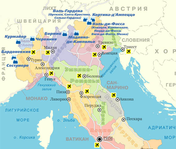 Карта горнолыжных курортов Италии.
